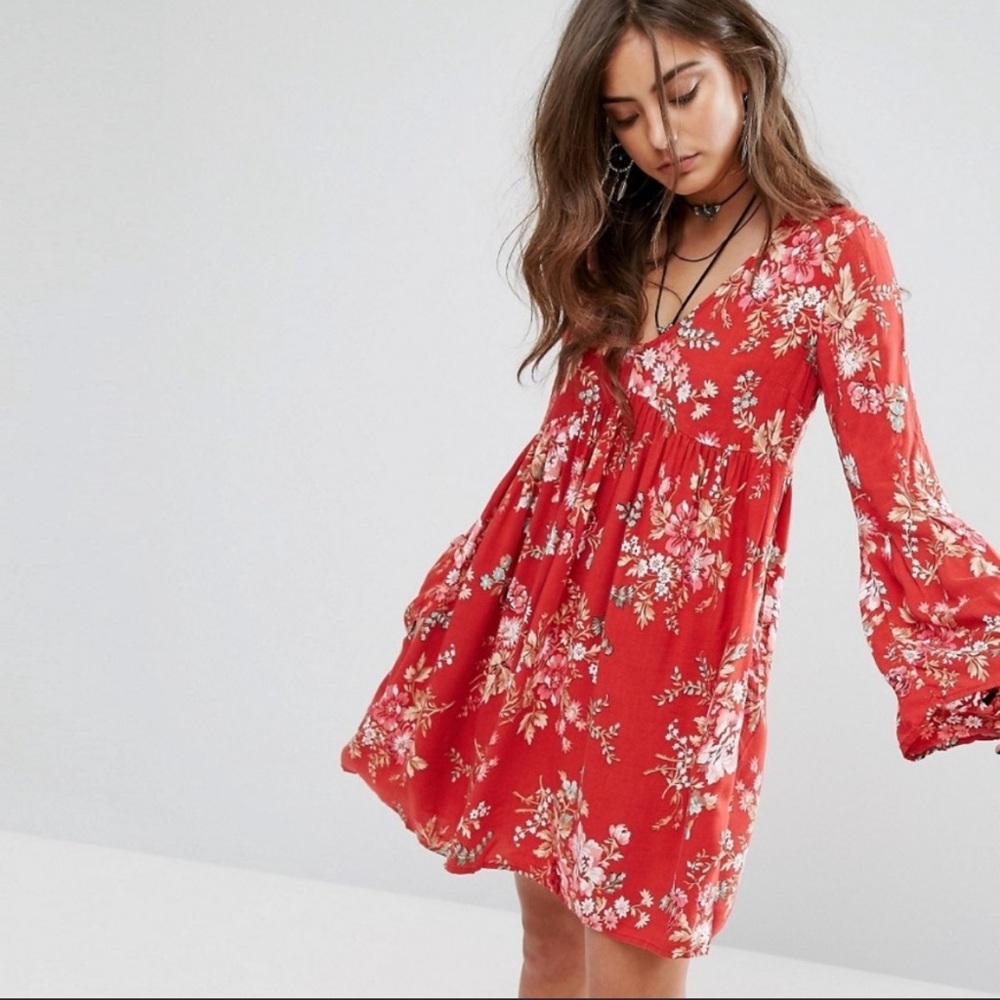 Denim Supply Ralph Lauren Floral Print Dress Red Long Sleeve Boho